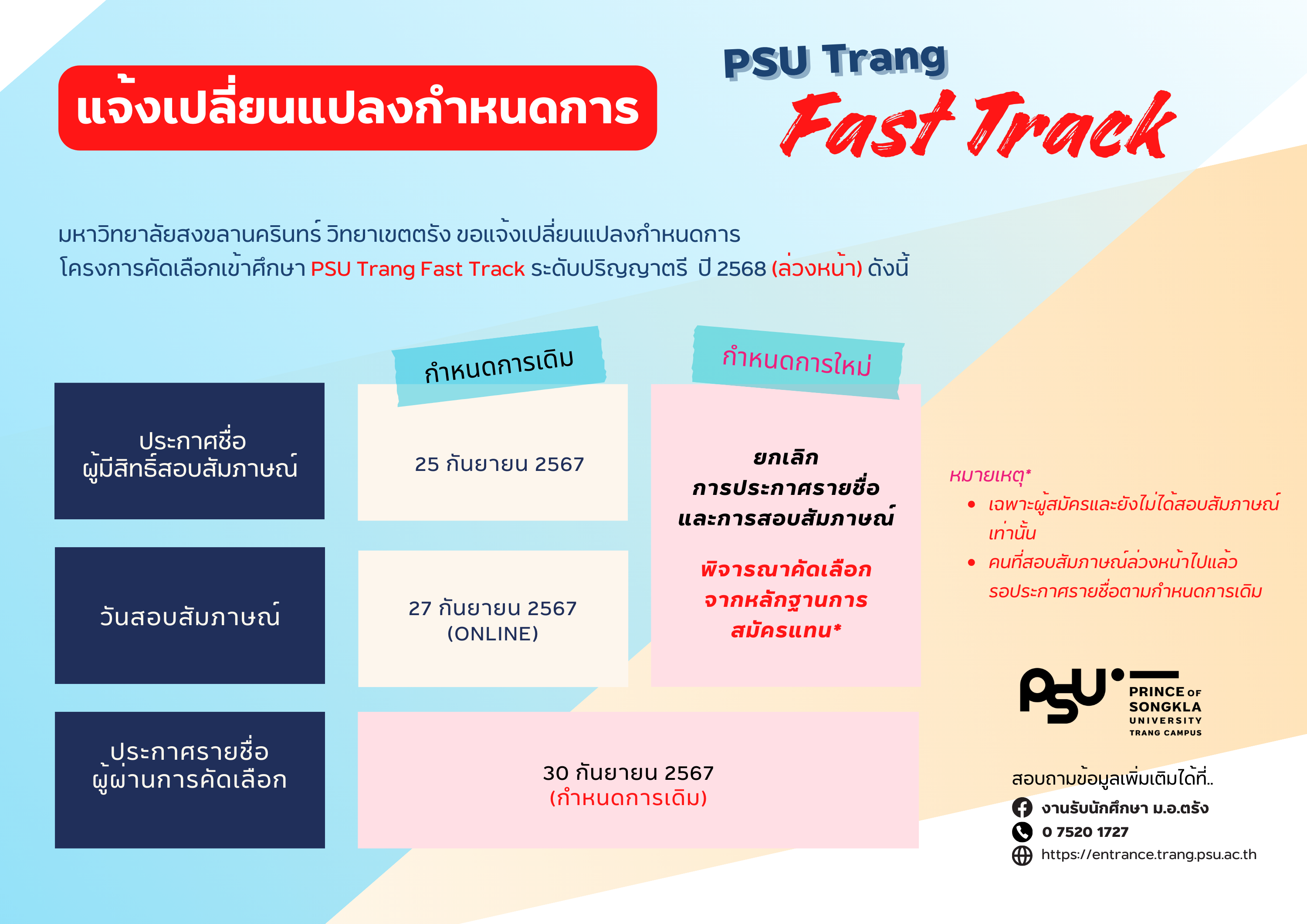 You are currently viewing แจ้งเปลี่ยนแปลงกำหนดการ PSU Trang Fast Track ปี 2568